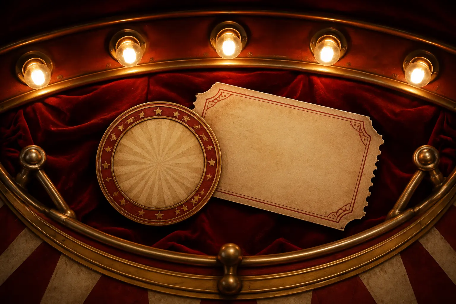 A brass admission token and blank scalloped ticket arranged under warm marquee bulbs
