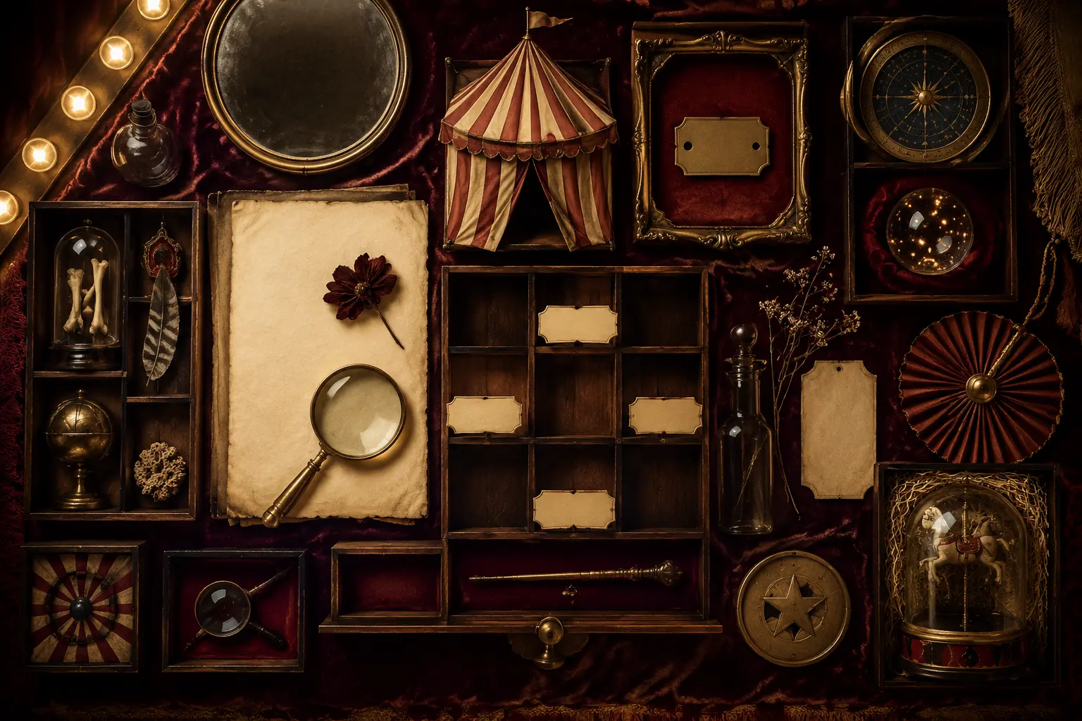 A top-down collector inventory of a brass token, striped miniature tent, blank labels and theatre bulbs on burgundy velvet
