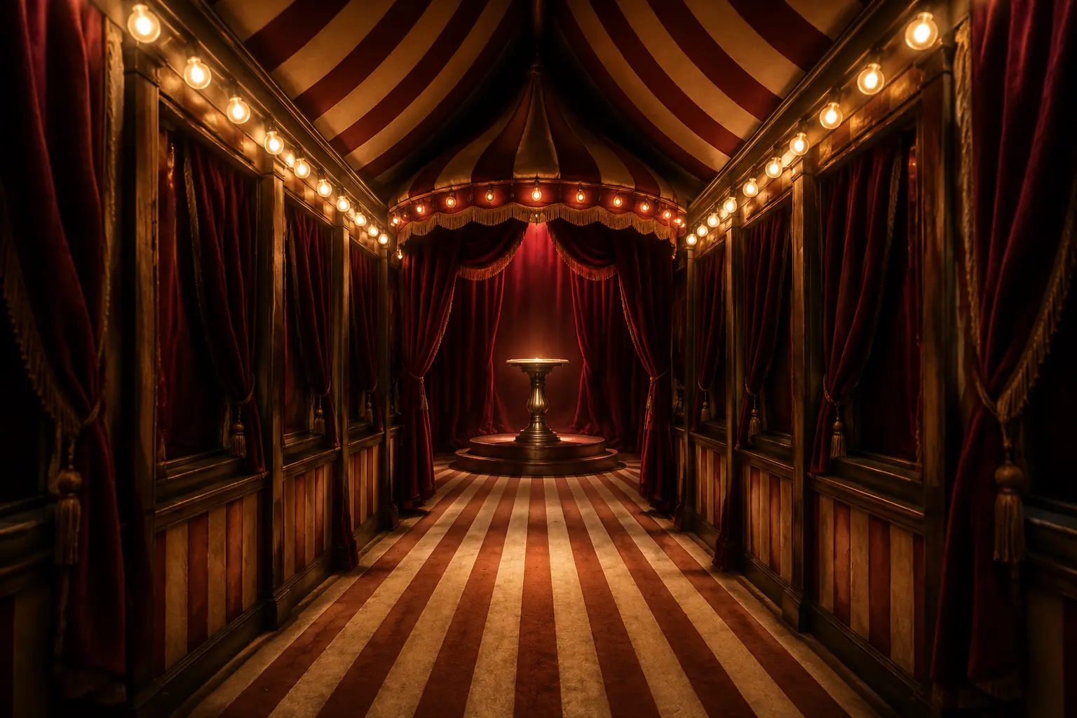 An empty striped miniature pavilion passage ending at an illuminated brass display pedestal