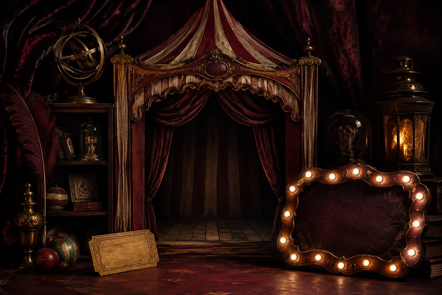 An empty burgundy miniature theatre surrounded by brass curiosities and a blank illuminated marquee